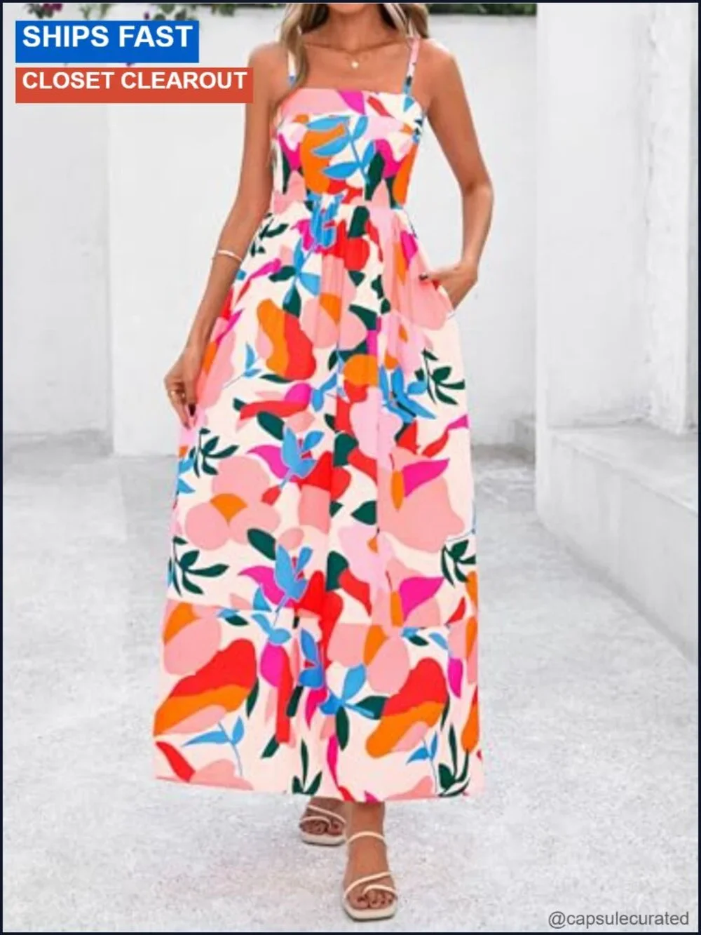 Boho Floral Striped Summer Maxi Dress Spaghetti Strap Viscose